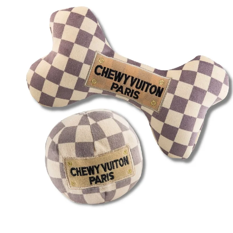 Keep Calm And Chewy Vuiton Checker Dog Toy Bundle