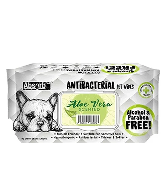 Absorb Plus Antibacterial Alcohol & Paraben Free Pet Wipes (Aloe Vera, 80pcs)