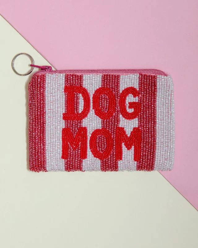 Dog Mom Beaded Coin Purse in Pink & White Stripe