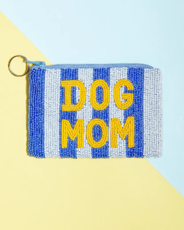 Dog Mom Beaded Coin Purse in Blue & White Stripe