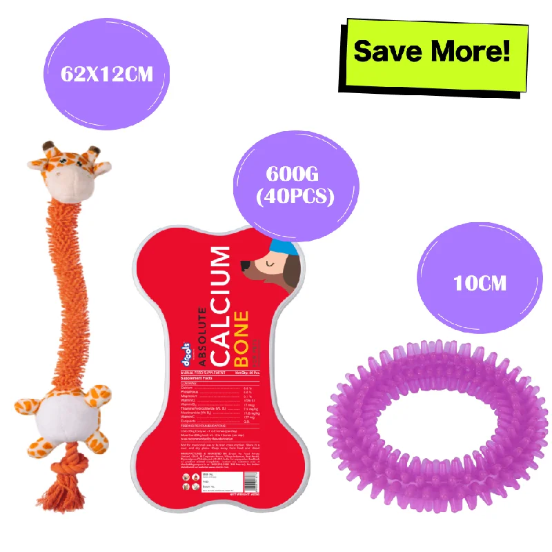 Drools Absolute Calcium Bones Treats, Basil Purple Teething Ring, & Barkbutler Garry the Giraffe Orange Plush Toy Combo for Dogs