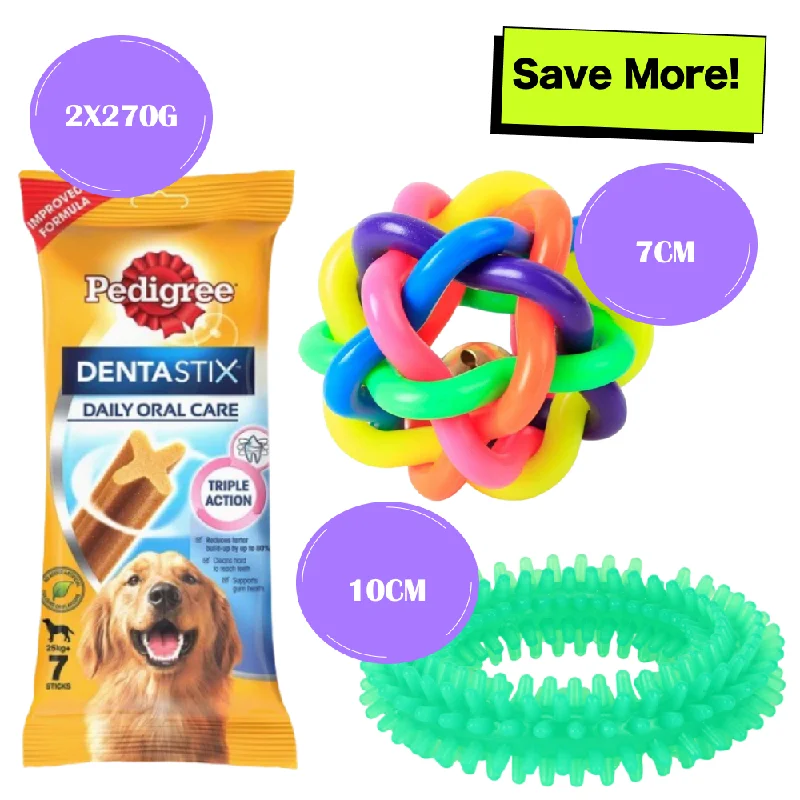 Pedigree Dentastix Oral Care for Adult (Large Breed of 25 kg+) Treats, Basil Teething Ring Chew Toy and Pet Vogue Bouncy Rubber Ball for Dogs Combo