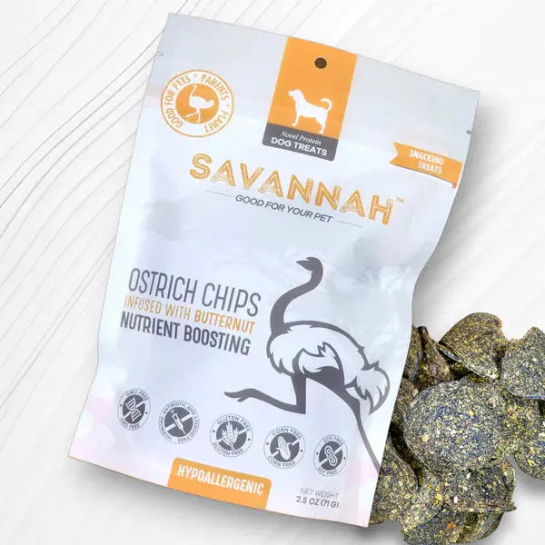 Savannah Hypoallergenic Ostrich Chips. Dog Treats with Nutritious Butternut  2.5oz